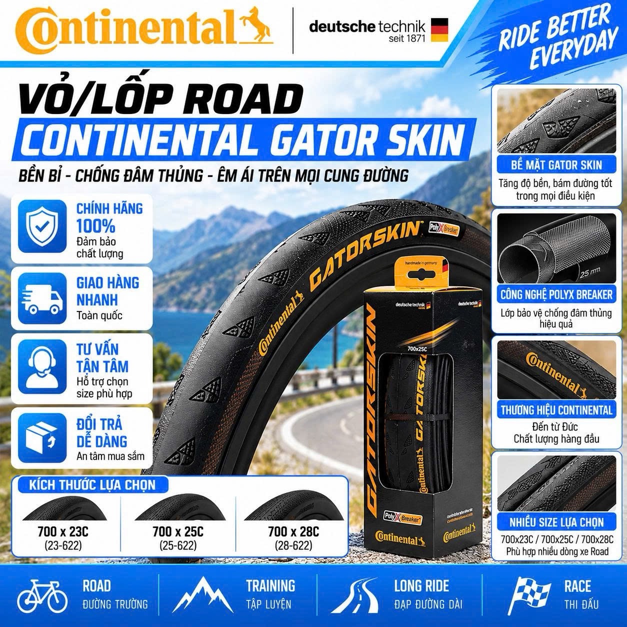 Vỏ/Lốp Xe Đạp Đường Trường Road Bike 700×23-25-28C Continential Gatorskin, Loại Có Talon Mềm Gấp Gọn Được, Áp Suất 109-123PSI, Trọng Lượng Nhẹ, Hiệu Năng Cao, Công Nghệ PolyX Breaker, DuraSkin